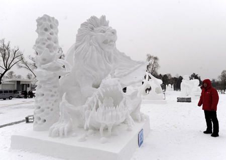 The snow carving Courage is presented during the 14th Harbin International Snow Carving Contest in Harbin, capital of north China's Heilongjiang Province Jan. 13, 2009. 