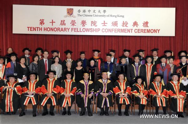 Honorary Fellows pose for a group photo during the 10th Honorary Fellowship Conferment Ceremony in the Chinese University of Hong Kong (HKCU), south China, on May 16, 2011. The HKCU conferred eight distinguished individuals Honorary Fellowship Monday, in recognition of their contributions to the university and the society.  (Xinhua/Chen Xiaowei) (hdt) 