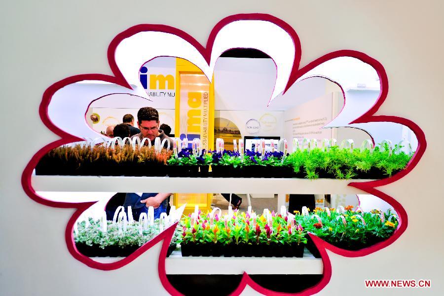 A visitor view the displayed plants during the Agri-tech Israel 2012 in Tel Aviv, Israel, May 16, 2012. The 18th International Agiricultural Exhibition and Conference, Agritech Israel 2012, kicked off on May 15, 2012, and will last till May 17. (Xinhua/Yin Dongxun) 