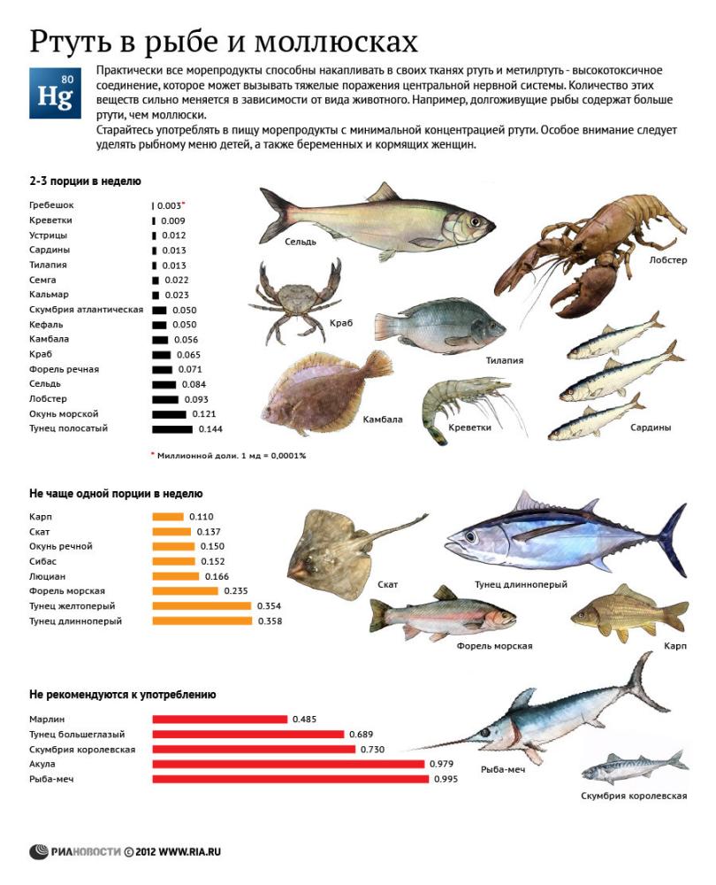 Содержание ртути в рыбе и моллюсках